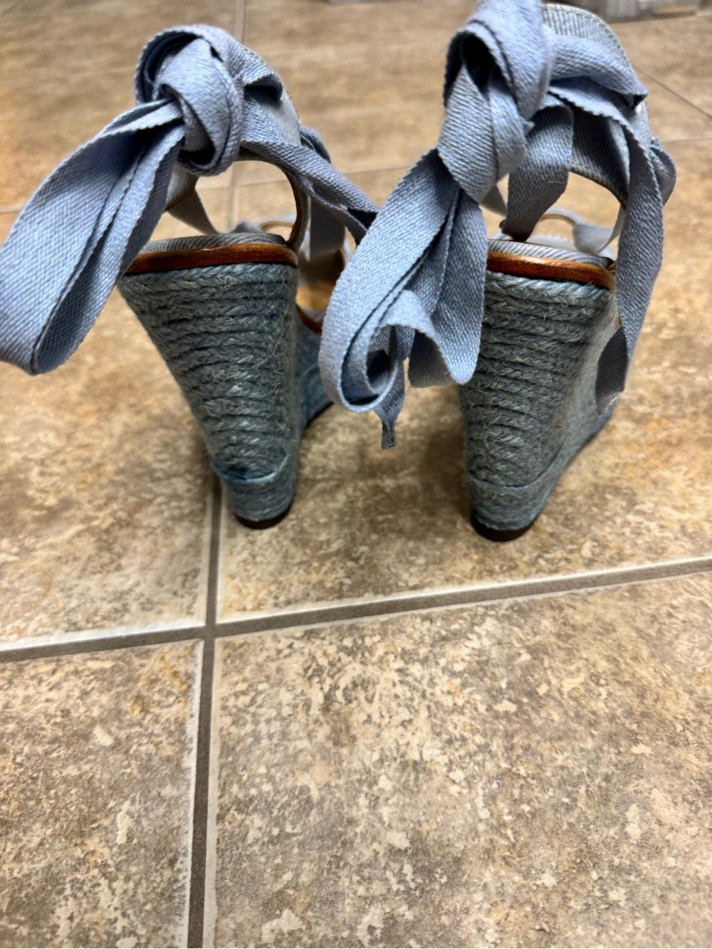 SCHUTZ Light Blue Denim Peep-Toe Wedge Sandals with Ankle Wraps - Picture 7 of 11